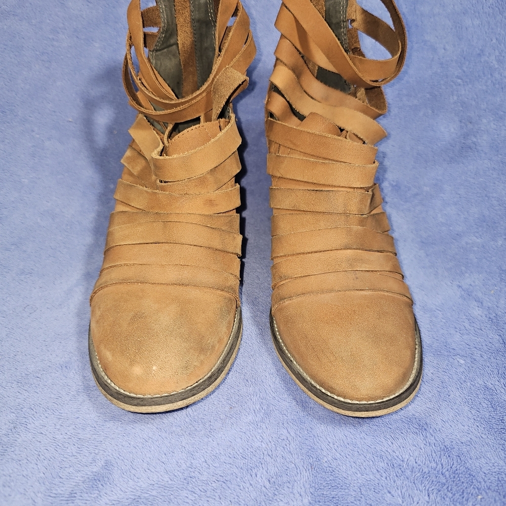 Free People Hybrid strappy cognac leather heeled ankle boots women's - Picture 8 of 16